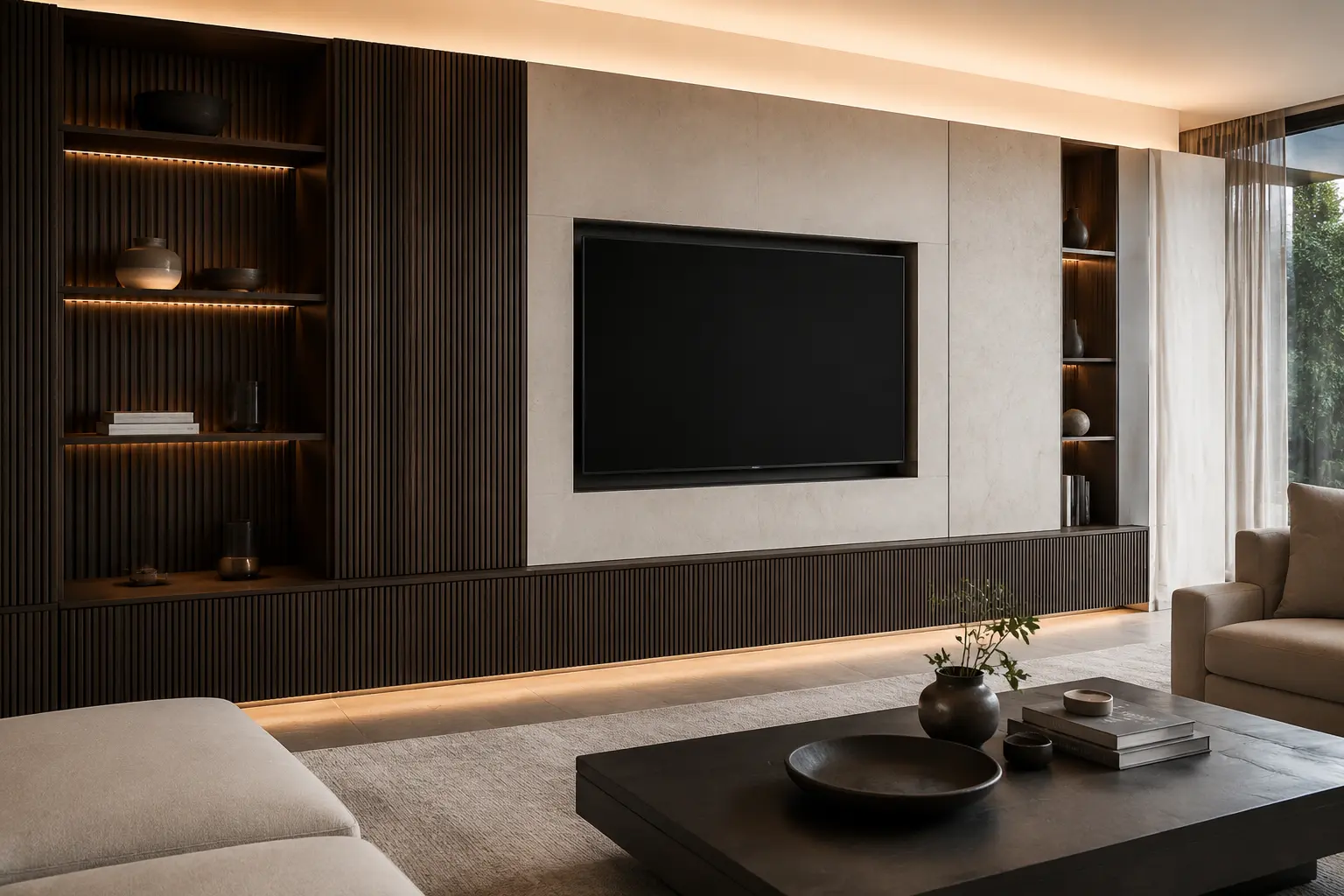 Bespoke media wall with integrated cabinetry and lighting