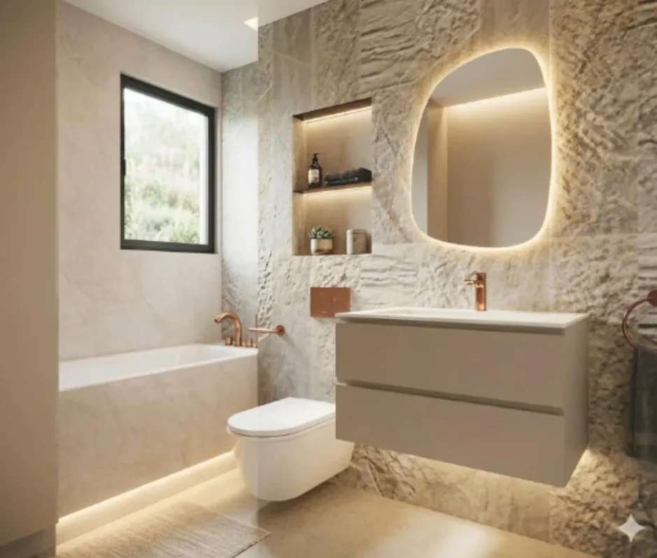 3D design visual of the Aldenham Bed 3 bathroom: a textured stone-look feature wall, a lit recessed niche with two shelves, a backlit pebble-shaped mirror, a wall-hung vanity, a wall-hung WC and a bath with a lit plinth