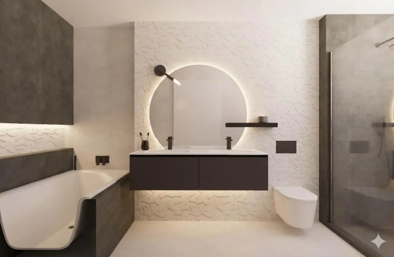 DDL design visual of the Aldenham master en-suite: a white relief tile on the vanity wall and above the bath, a dark grey stone look on the bath panel and shower walls, a plain pale floor, a backlit round mirror and a dark wall-hung vanity with light beneath it