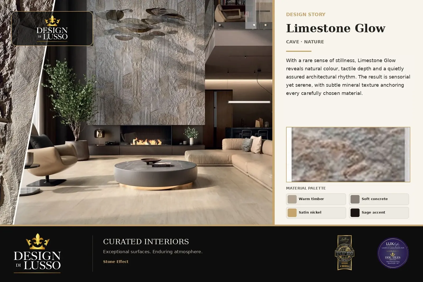 DDL Look Book board: a living room with a textured stone-effect wall rising the full height of the room above a low linear fire, a stone-look floor and a curved sofa, beside a design-story text panel