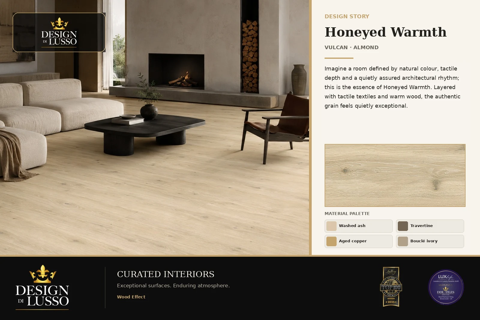 DDL Look Book board: a living room with a pale wood-effect tiled floor running up to a long raised stone-look hearth, an open fire set into a plain chimney breast and a log store built in beside it