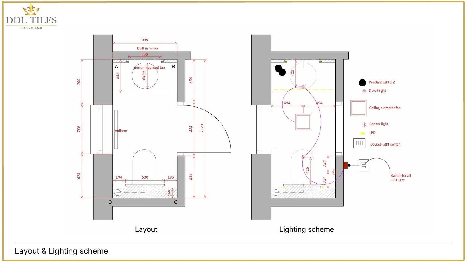 Cloakroom layout or lighting plan
