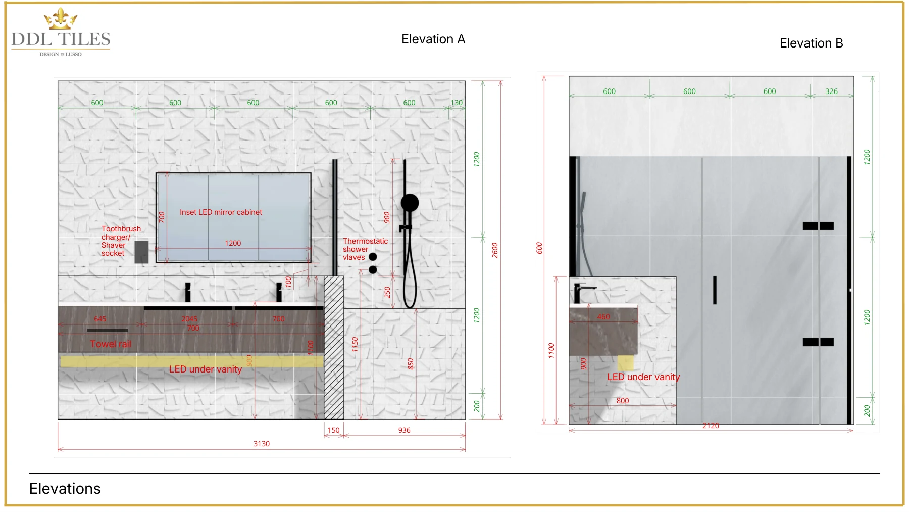 Two dimensioned elevations of the Stanmore accessible bathroom: a long wall-hung timber vanity with an inset LED mirror cabinet and lighting beneath, and a walk-in shower behind a glass screen with wall tiles set out in 600mm modules