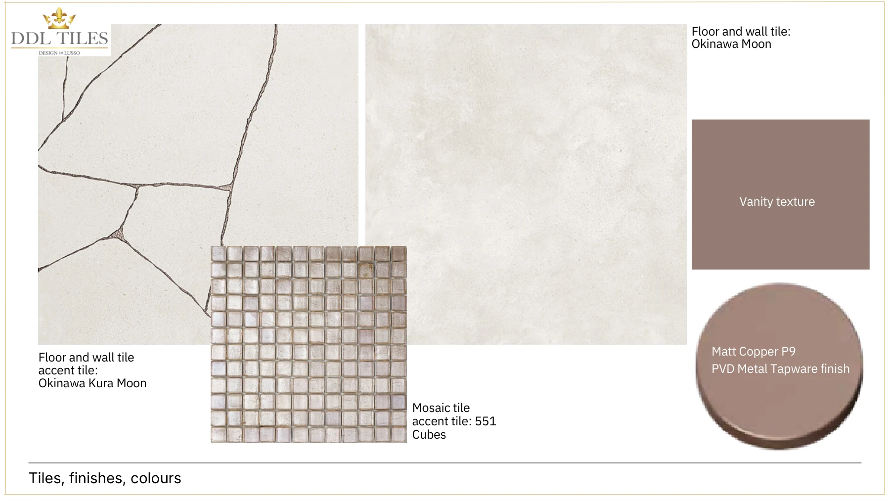 Design pack page for the Stanmore master en-suite naming Okinawa Moon as the floor and wall tile, Okinawa Kura Moon with a fine crack pattern as the accent, a glass mosaic accent tile, a vanity texture swatch and a matt copper tapware finish