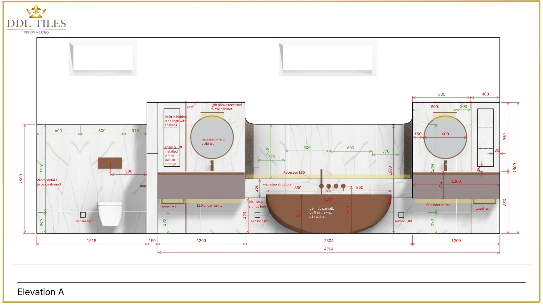 Dimensioned elevation of the Stanmore master en-suite: a bath partly built into a recess with a wall step and recessed LED behind it, round mirrors over wall-hung vanities either side, and marble-look wall tiles set out in 600mm modules