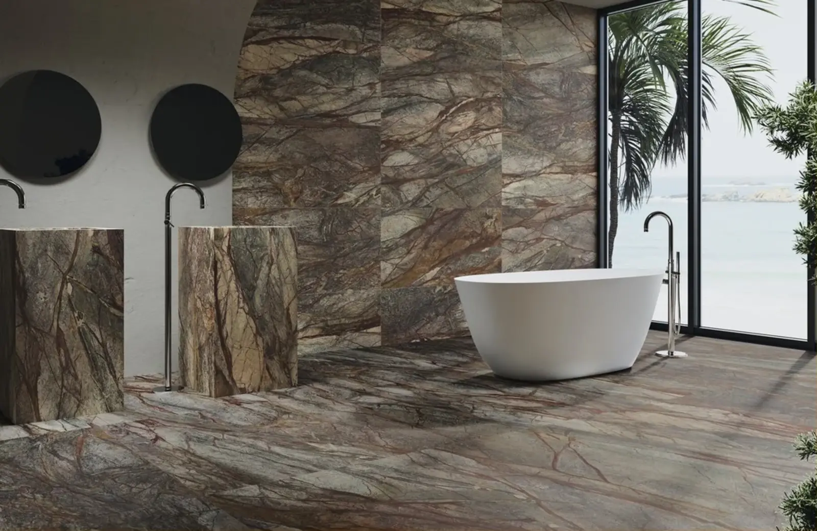 Sculptural neutral bathroom room setting