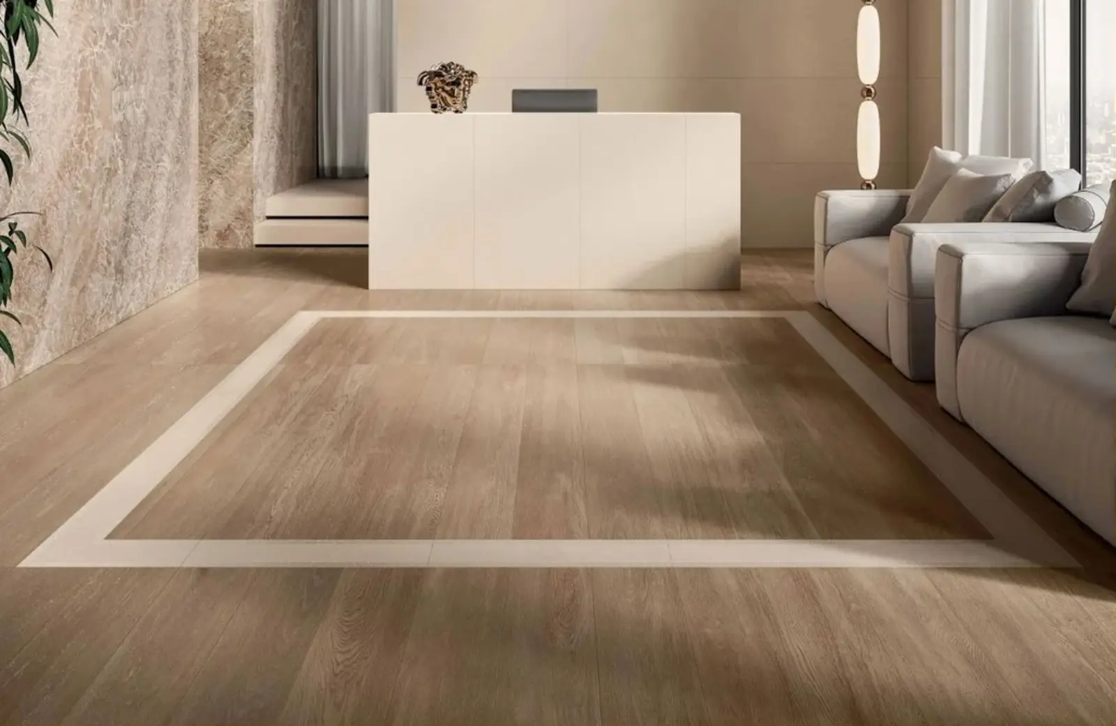 Warm wood-effect porcelain room setting