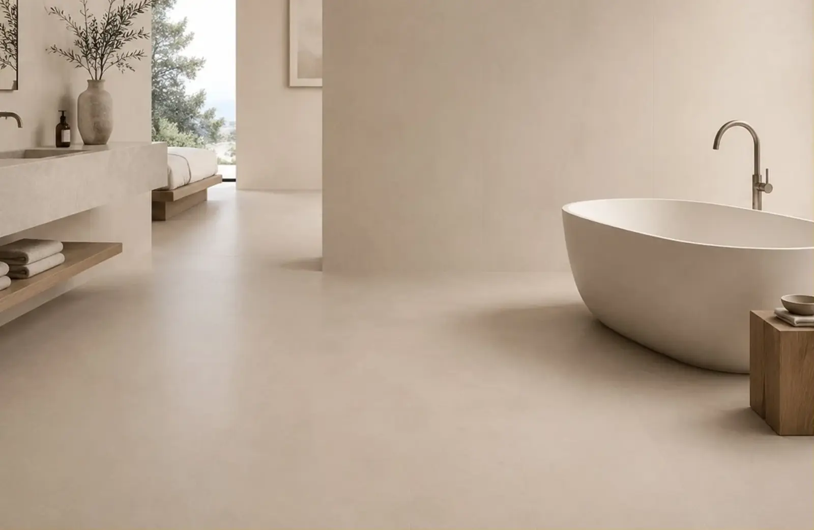 Cashmere-toned porcelain bathroom room setting