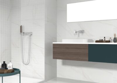 white marble effect bathroom tiles used in bathroom shower and sink area from design di lusso watford marble tile store