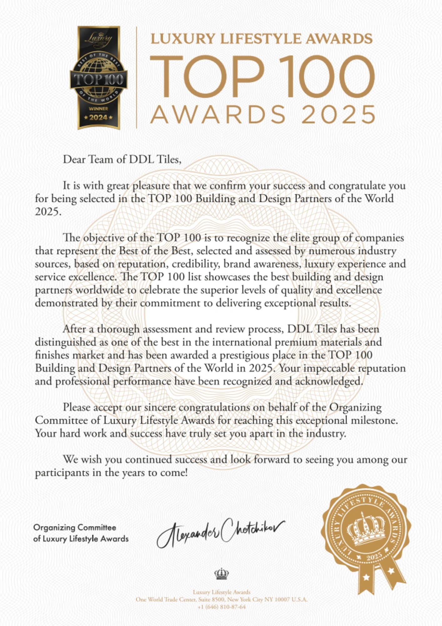 DDL Tiles Certificate DDL Tiles Top 100 Congratulatory Letter